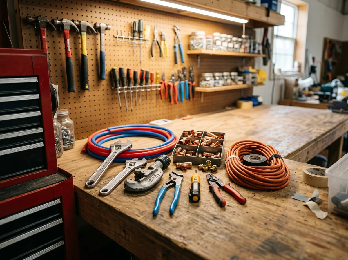 Plumbing and electrical tools and equipment arranged on a workbench, representing the trades served.