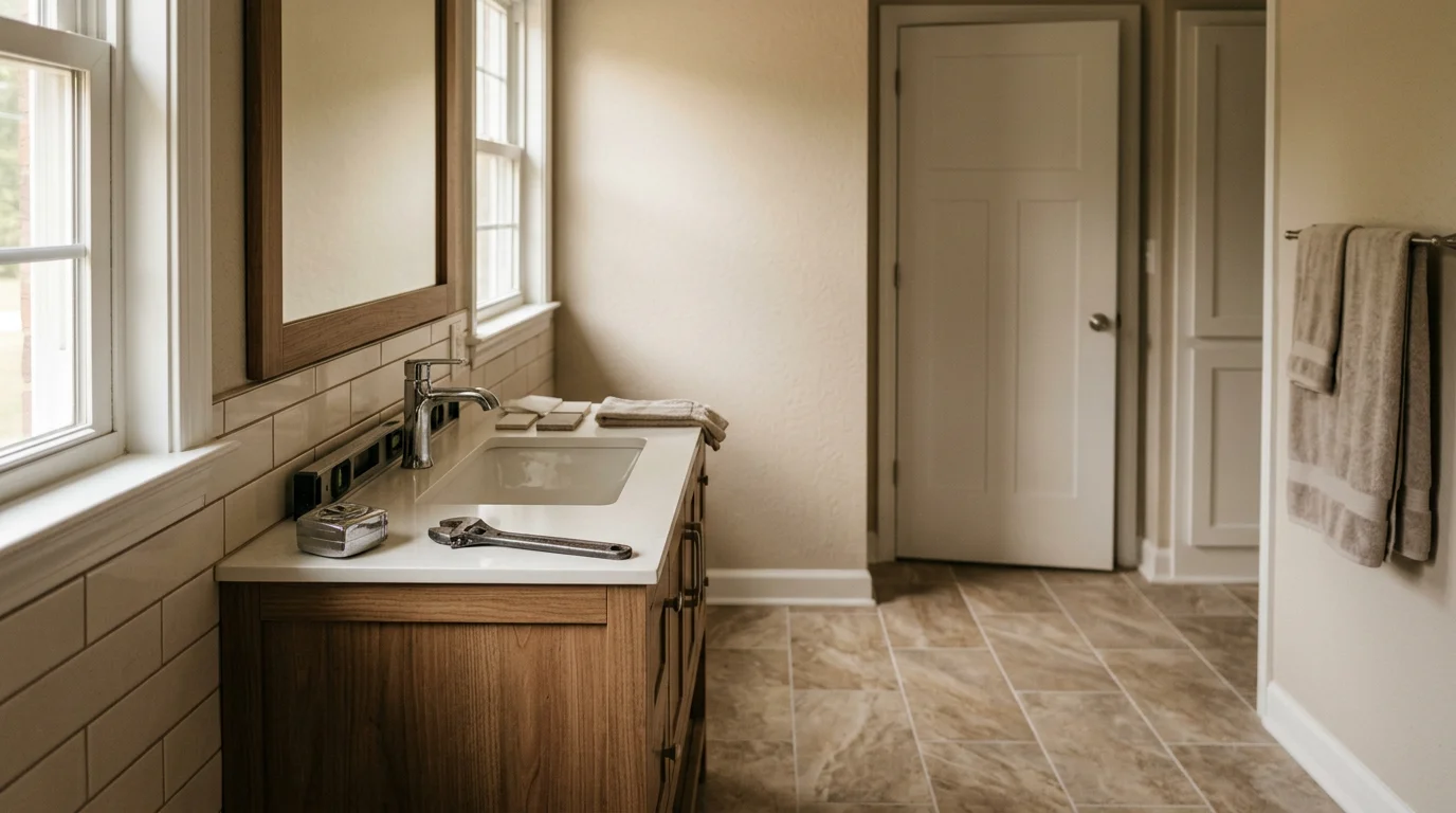 Newly remodeled bathroom with updated fixtures and lighting