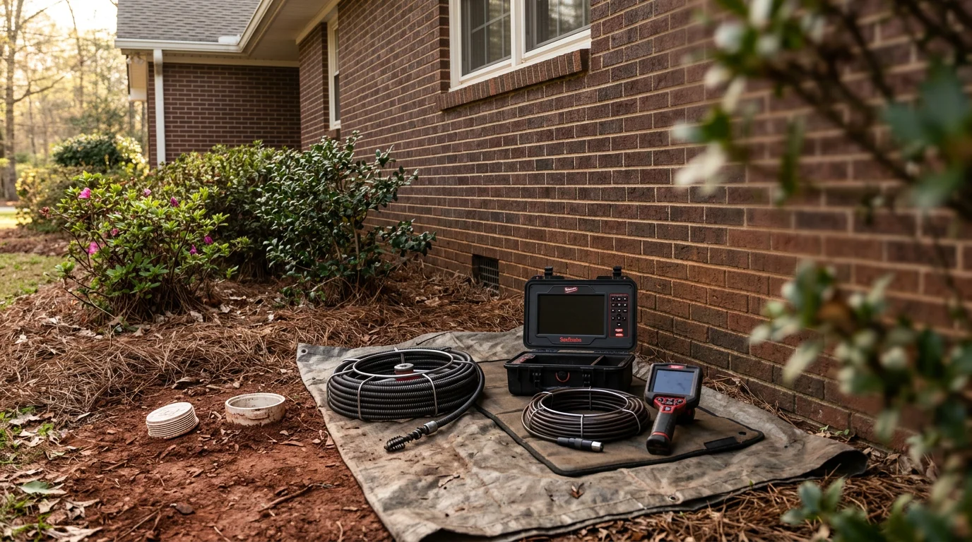 Drain cleaning equipment being used on residential plumbing line