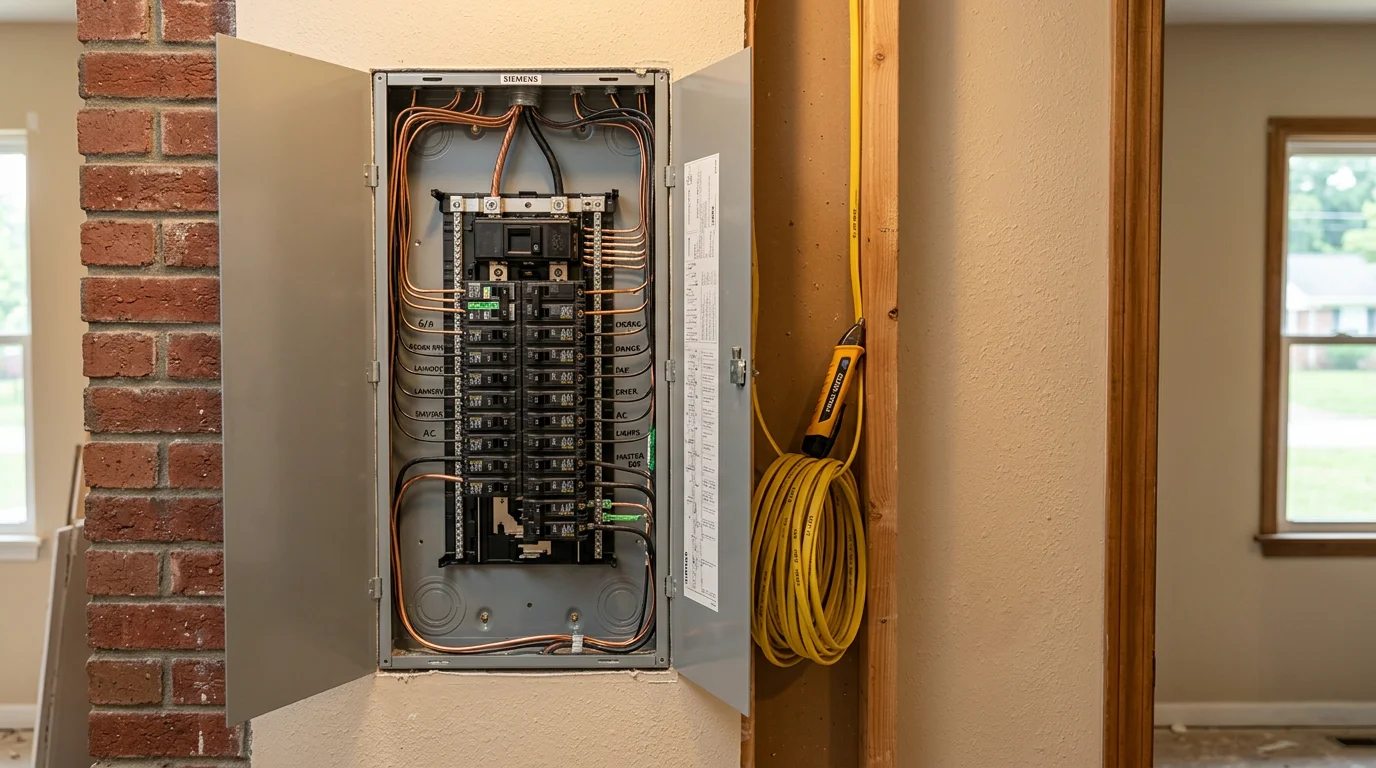 Electrician installing new light fixture in residential kitchen