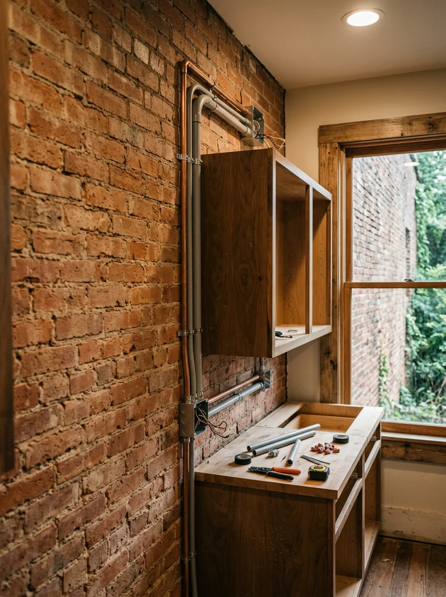 An electrician running conduit for new receptacles in a kitchen remodel inside a Calhoun, Georgia home, with original brick exterior walls visible through the window.