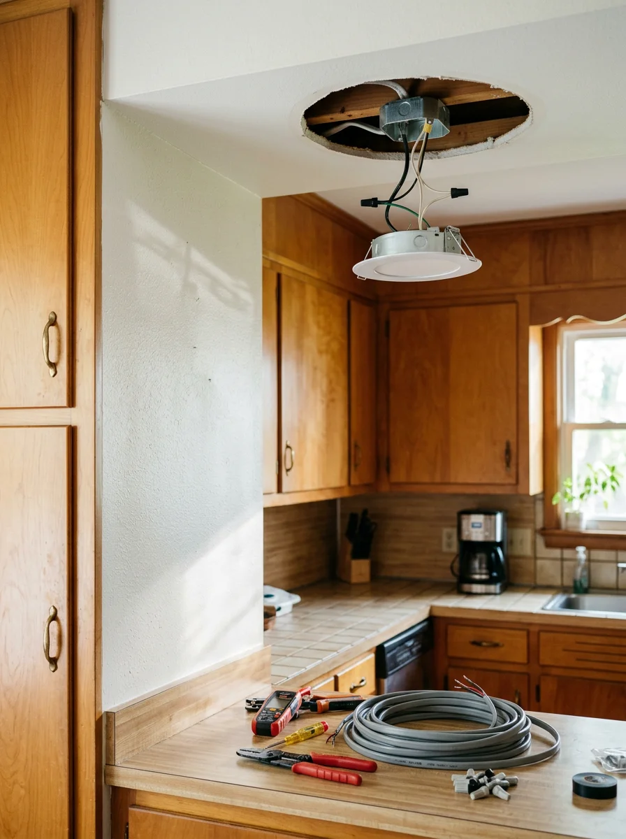 An electrician installing a new light fixture in the kitchen of a ranch-style home in Chatsworth, Georgia, with original 1980s cabinetry visible in the background.