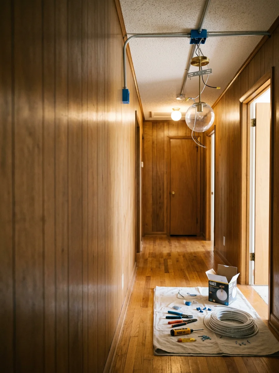 An electrician installing a new light fixture in the hallway of a mid-century ranch home in the Brainerd neighborhood of Chattanooga, Tennessee, with original hardwood floors visible.