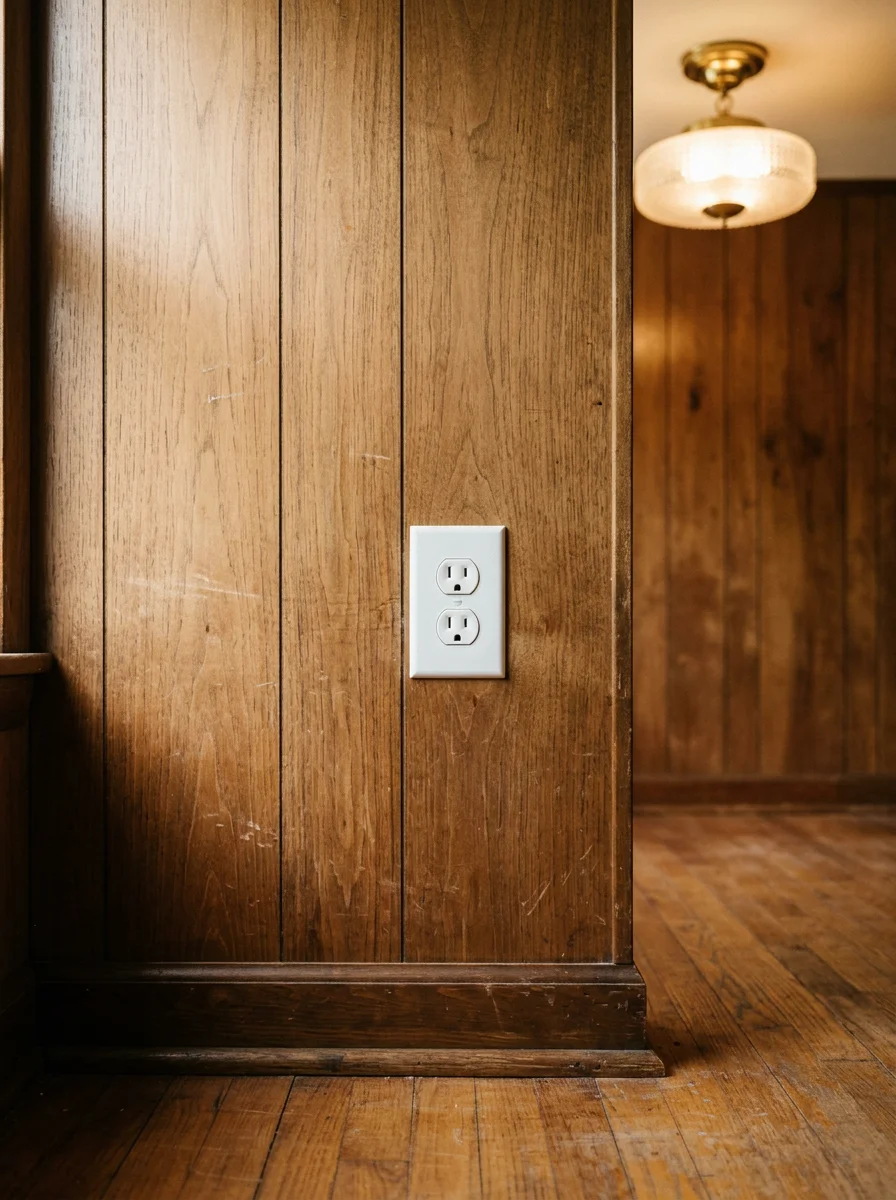 An electrician adding a new electrical outlet to the wall of an older home near downtown Cleveland, Tennessee, with original wood paneling and a vintage ceiling light fixture visible.