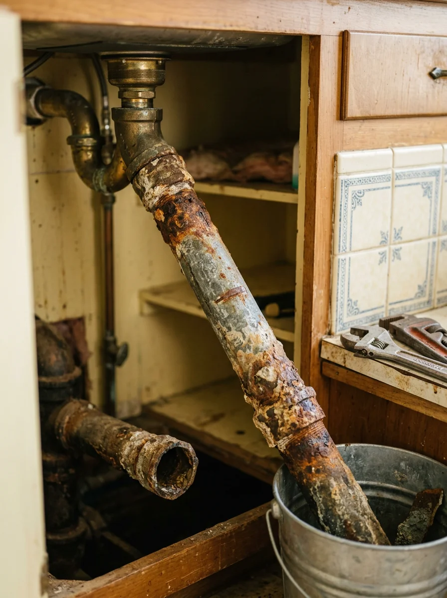 Close-up of a corroded galvanized drain pipe being removed from beneath a kitchen sink in a mid-century Dalton home during a plumbing service call.