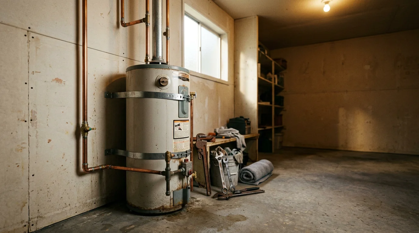 A plumber replacing a water heater in the utility room of a 1970s ranch-style home in Dalton, Georgia, with original drywall and older copper supply lines visible.