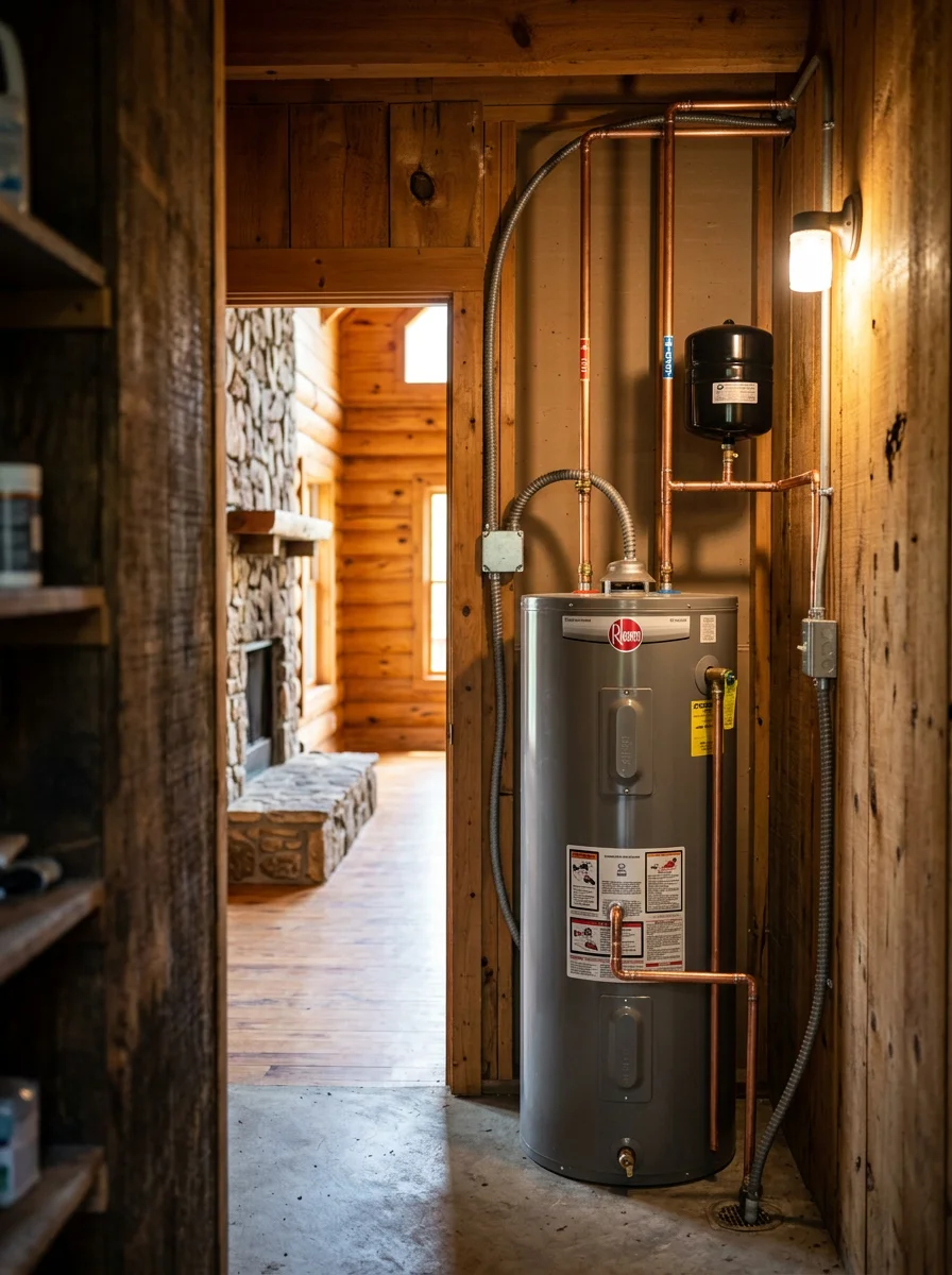 A water heater being installed in the utility closet of a log cabin in Ellijay, Georgia, with wood-paneled walls and a stone fireplace visible in the adjacent room.