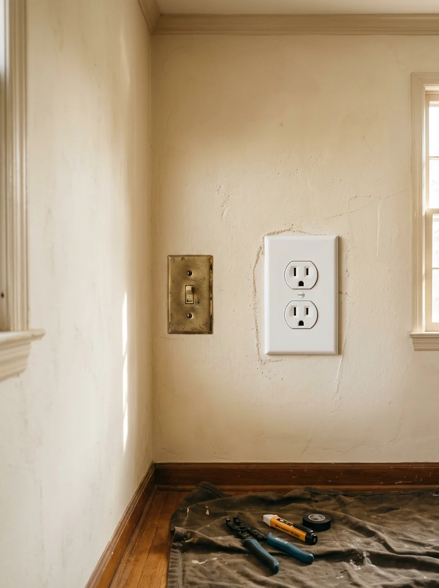 An electrician adding a new electrical receptacle to the wall of a mid-century Fort Oglethorpe home, with original plaster walls and a vintage light switch plate visible nearby.