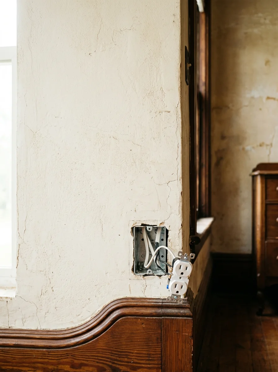An electrician adding a new outlet to the wall of an older in-town home near historic downtown Ringgold, Georgia, with original wood trim and plaster walls visible.