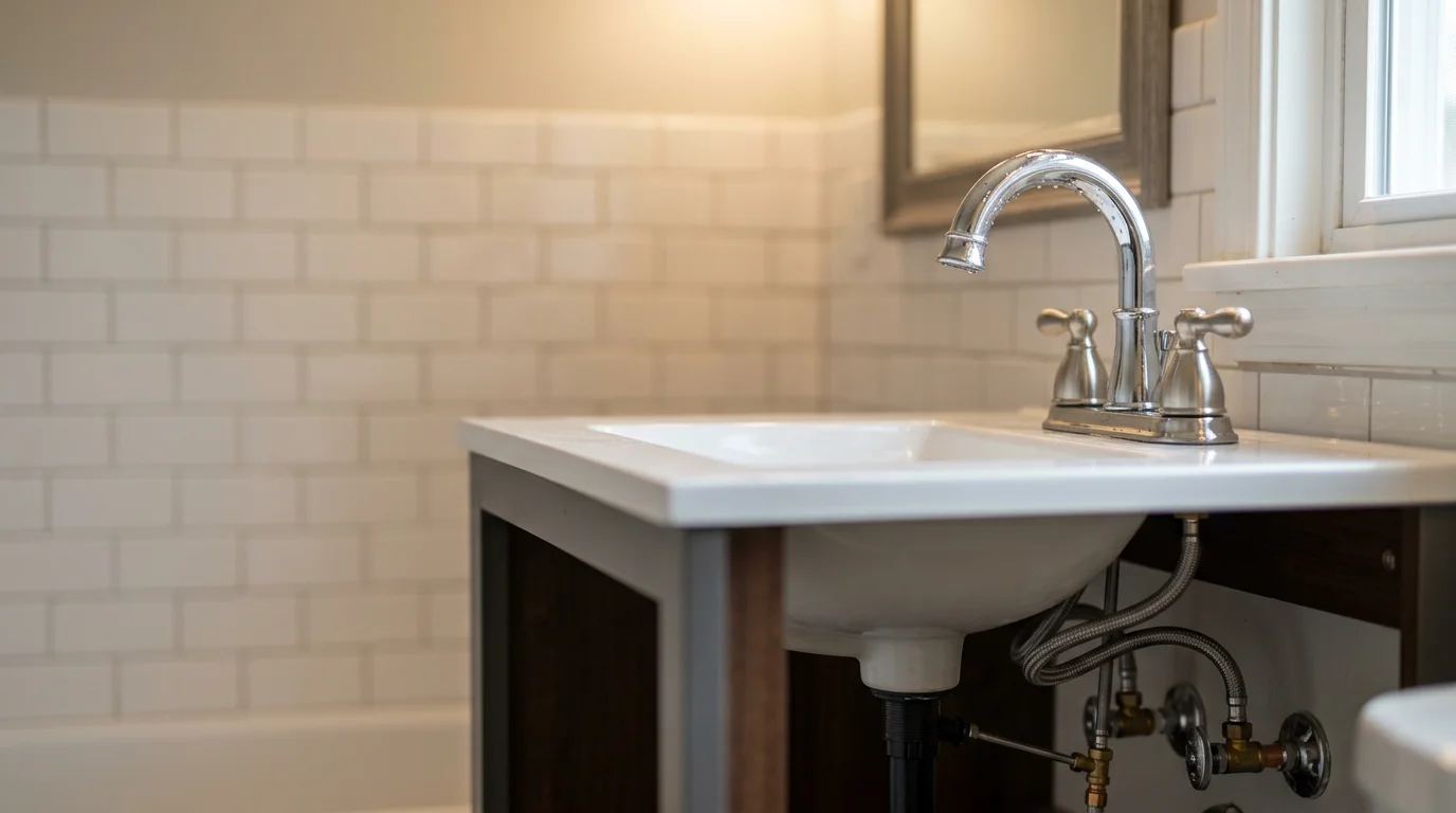 A newly installed bathroom sink and faucet set against a clean vanity in a Dalton, Georgia home. The fixture connections are tight and the supply lines run neatly beneath the basin.