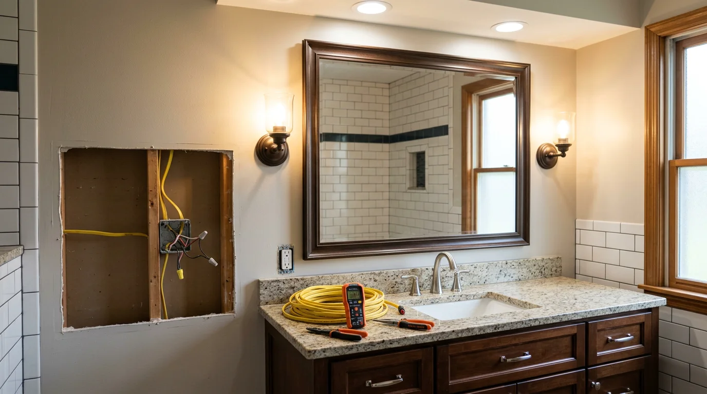 A finished bathroom in a Dalton, Georgia home with a properly installed vanity light fixture above the mirror and a ceiling-mounted light in the center of the room. The fixtures are clean, correctly positioned, and suited for a wet-area environment.