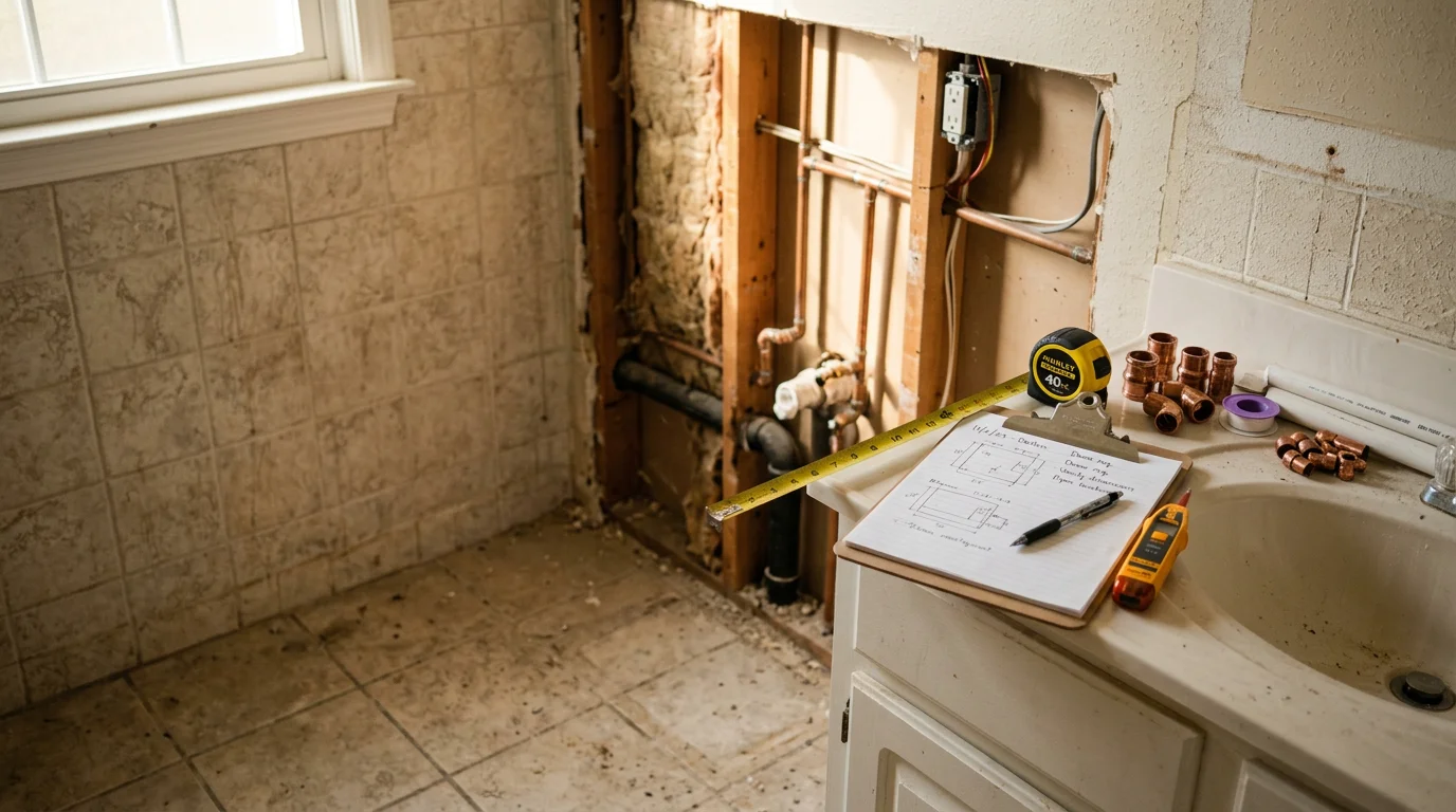 A KDR Plumbing and Electrical team member reviewing a bathroom layout with a Dalton homeowner during a remodeling consultation. The bathroom shows existing fixtures and plumbing access points being assessed before renovation planning begins.
