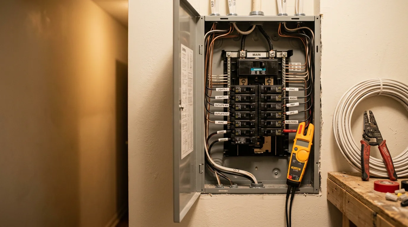 An electrician installing a new circuit breaker in a residential electrical panel inside a Dalton, Georgia home. Neatly routed wiring connects to labeled breaker slots in a modern panel box mounted on an interior wall.