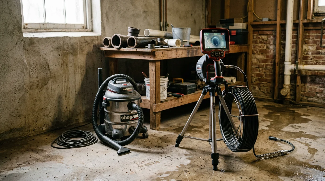 A plumber from KDR Plumbing and Electrical running a drain inspection camera into a floor-level cleanout access point inside a Dalton, Georgia home. The monitor beside the technician shows the interior of the drain pipe.