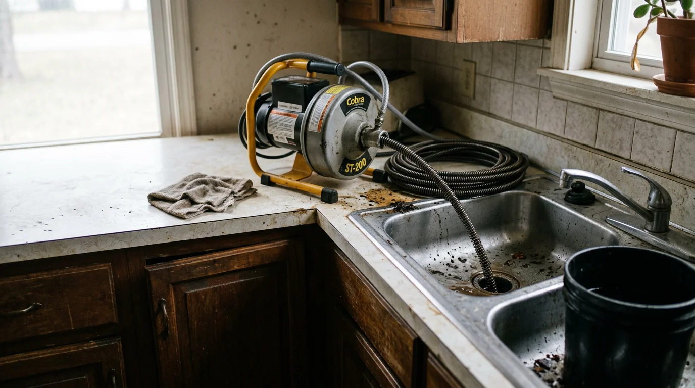 A plumber clearing a clogged kitchen drain under a sink in a Dalton, Georgia home. The drain pipe is open and the technician is removing a grease and debris blockage.