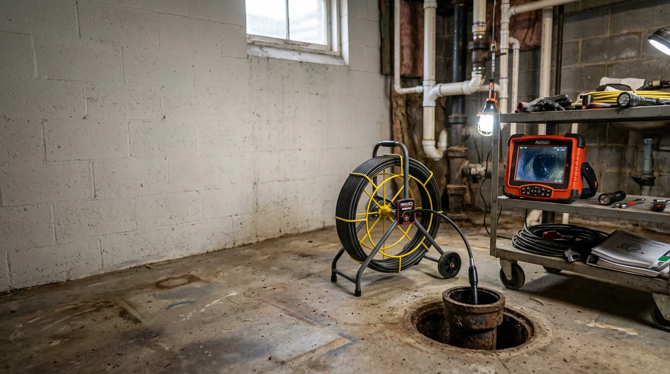 A plumber feeding a drain inspection camera cable into a floor drain inside a Dalton, Georgia home. The monitor beside the technician displays a live view of the interior pipe wall.