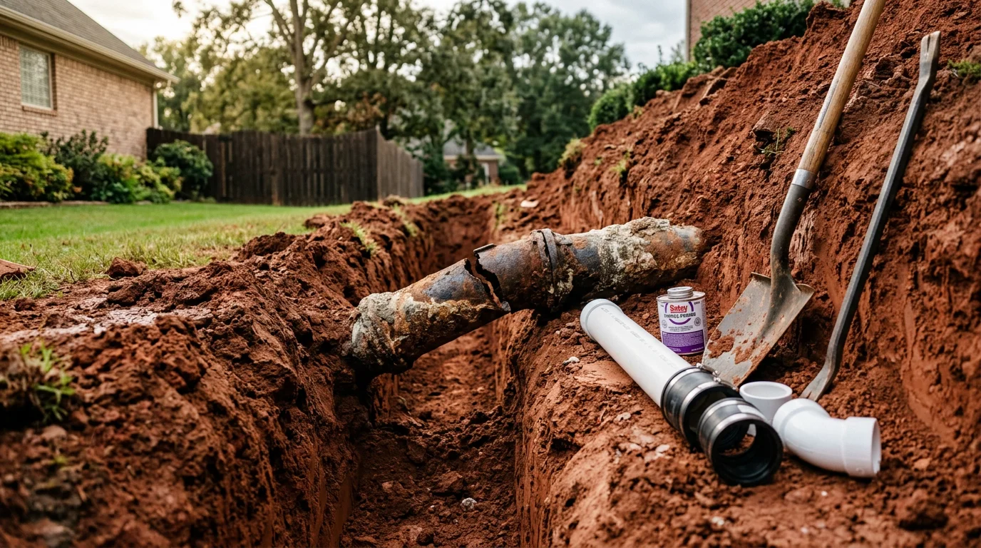 A plumber replacing a cracked clay drain pipe in the crawl space of an older home in Dalton, Georgia. The damaged section has been removed and new pipe is being fitted into place.