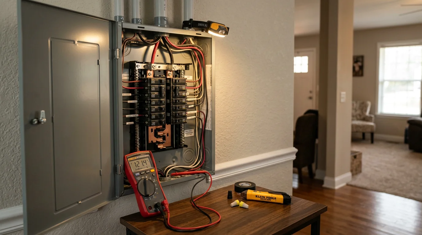 An electrician inspecting an open residential electrical panel in a Dalton, Georgia home, checking breakers and connections for signs of overheating or wear.