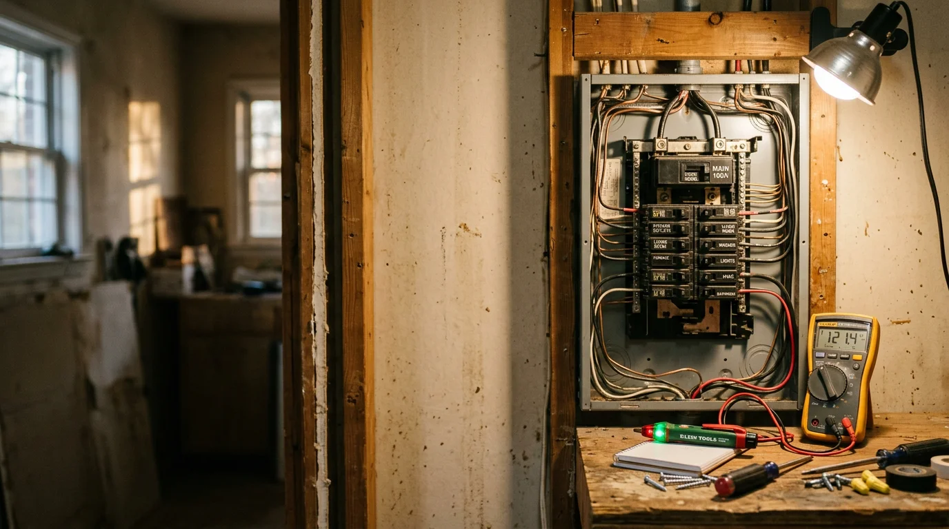 An electrician from KDR Plumbing and Electrical inspecting a residential electrical panel during a troubleshooting visit in Dalton, Georgia. The panel cover is open and the technician is checking breaker connections inside a home.