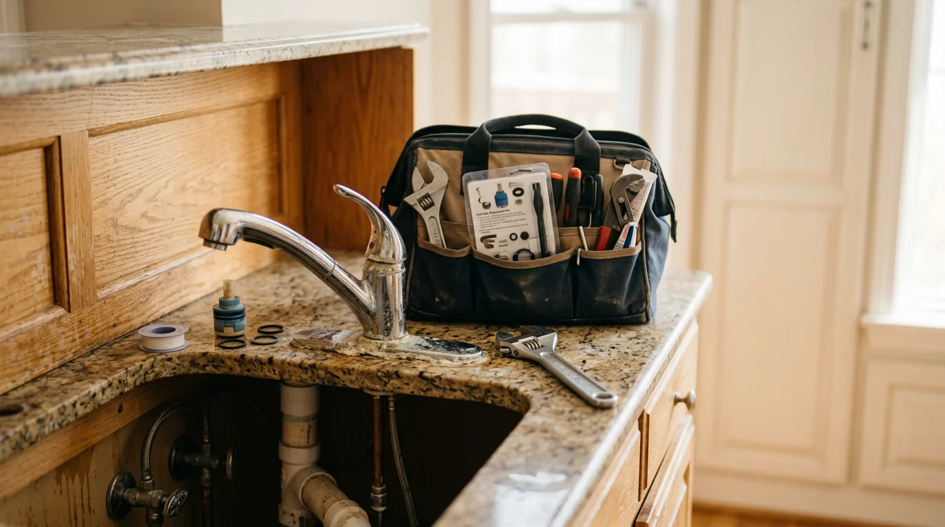 A plumber tightening the connections beneath a kitchen sink faucet in a Dalton, Georgia home. The work area is clean and the new fixture is fully seated against the countertop.