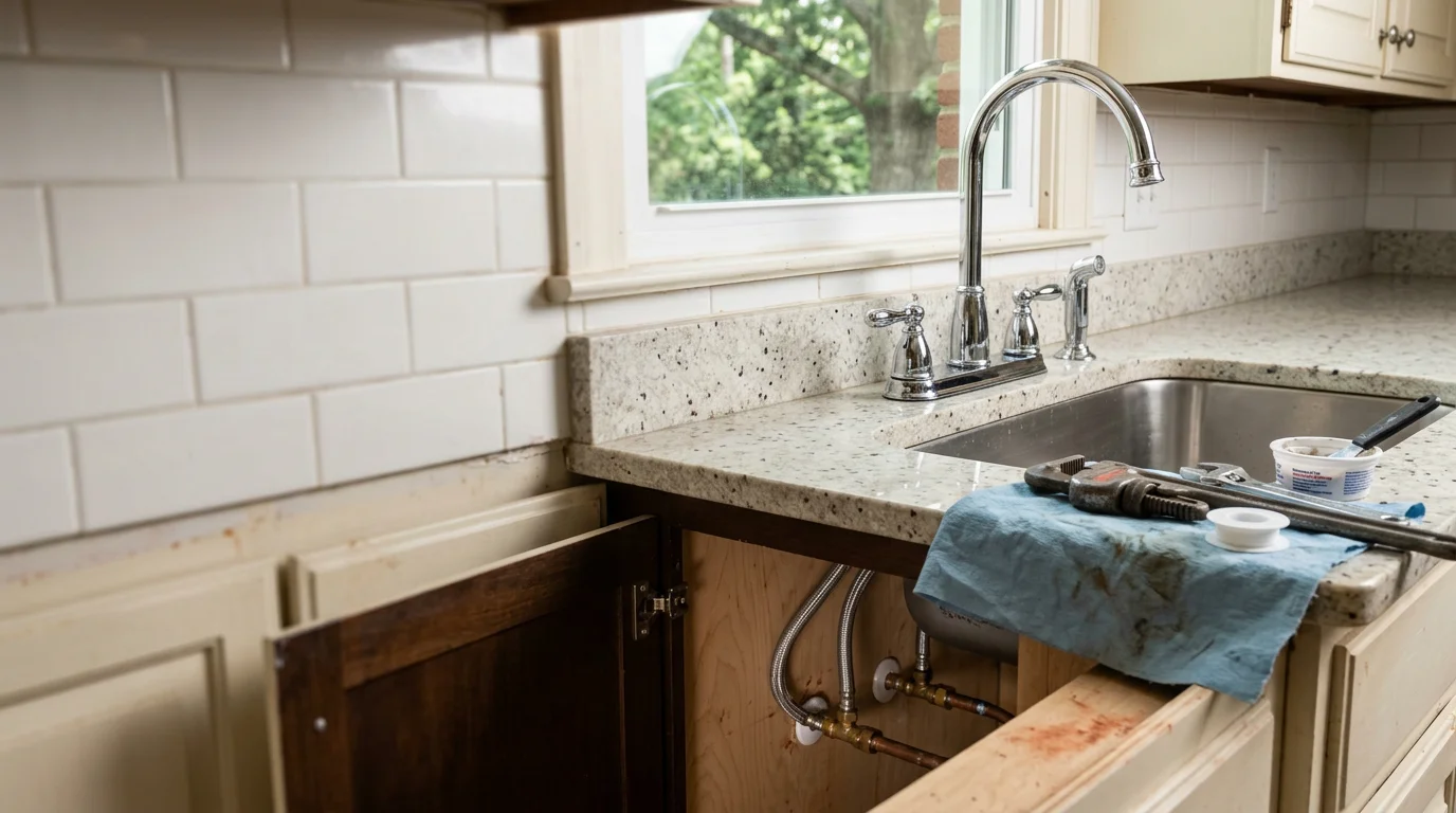 A newly installed chrome kitchen faucet on a white sink in a Dalton, Georgia home, with clean supply line connections visible beneath the counter.