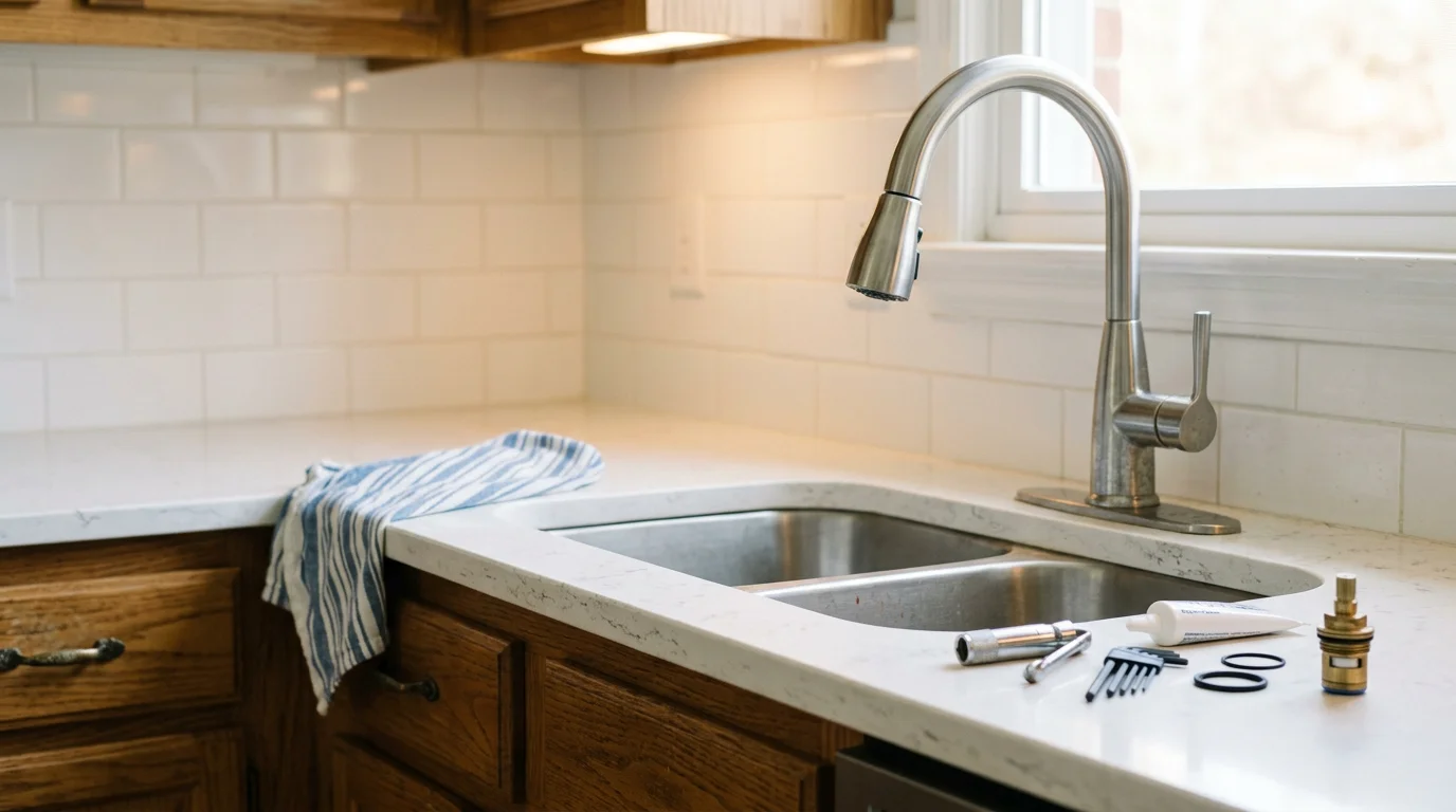 A plumber repairing a leaking kitchen faucet beneath a sink in a Dalton, Georgia home, inspecting the supply connections and valve components.