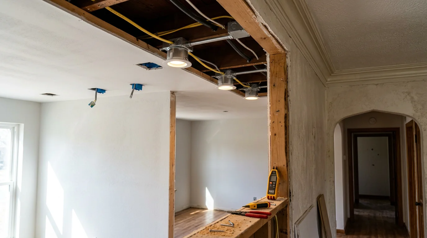 An electrician from KDR Plumbing and Electrical installing a ceiling light fixture in a residential home in Dalton, Georgia. The finished fixture is mounted flush against a painted ceiling with clean wiring connections visible inside the junction box.