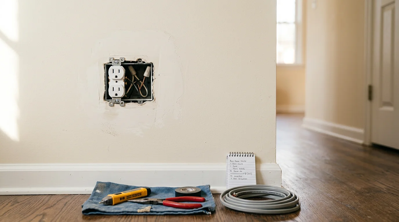 An electrician installing a new GFCI outlet in the kitchen of a single-family home in Dalton, Georgia. The finished receptacle is flush-mounted in a standard wall box with a white cover plate.