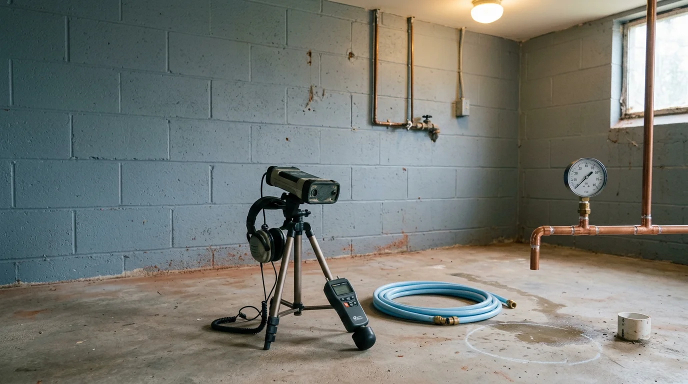 A plumber inspecting a water-stained wall cavity in a Dalton, Georgia home during a plumbing leak detection service call. Exposed pipe joint shows signs of moisture damage consistent with a hidden supply line leak.