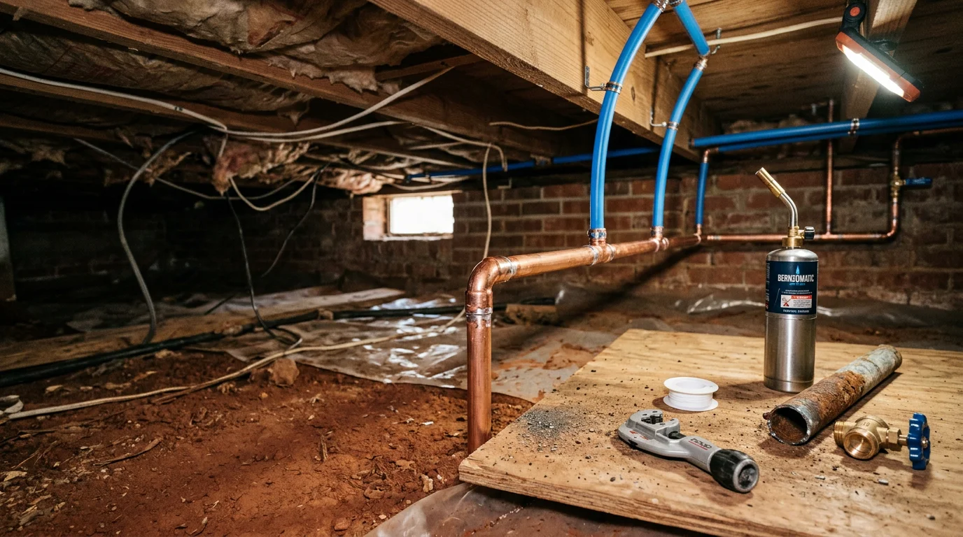 A plumber repairing a corroded pipe section inside a residential crawl space in Dalton, Georgia. The image shows exposed pipe with visible corrosion being replaced with new piping material.