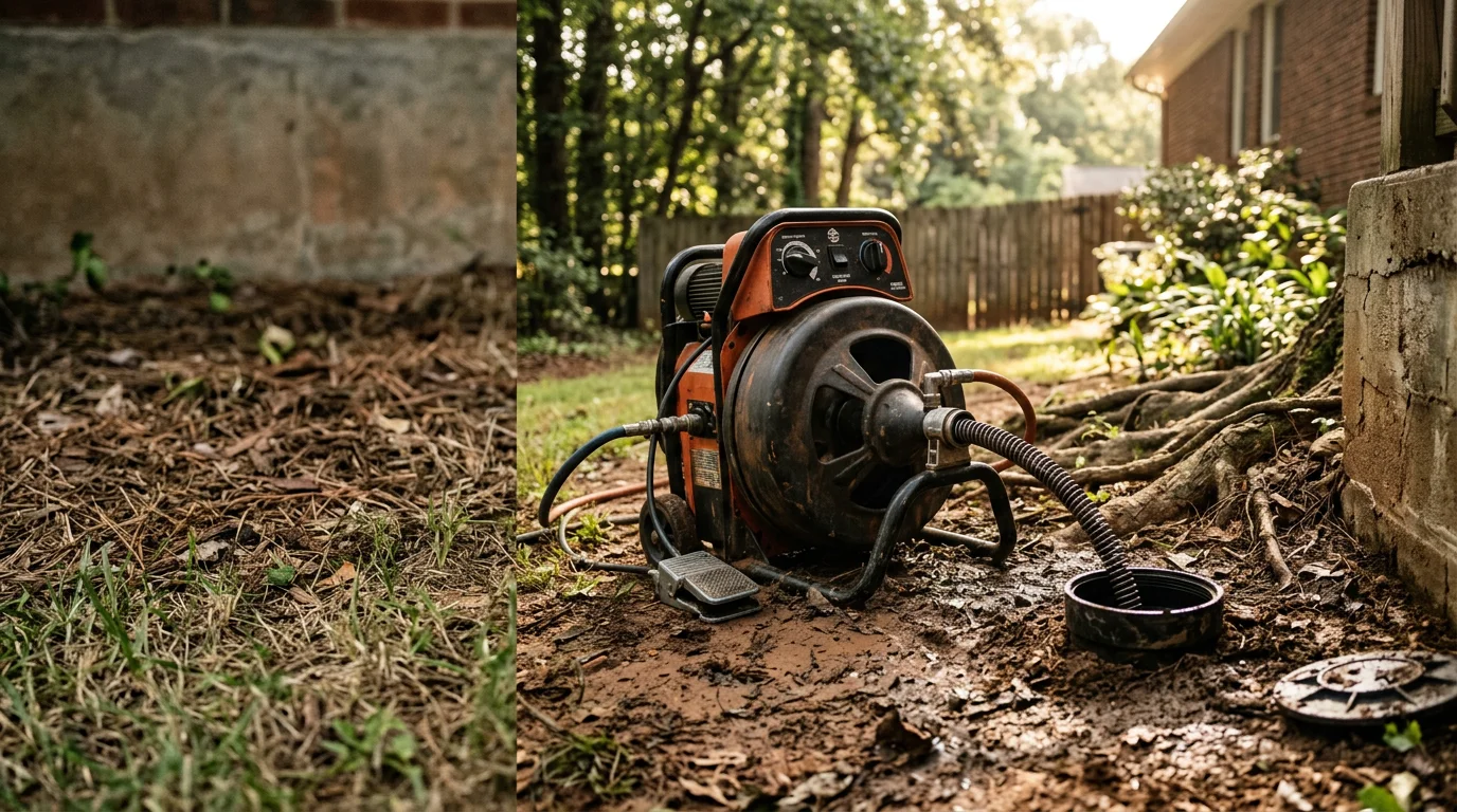 A plumber accessing a residential sewer line cleanout in a Dalton, Georgia yard to clear a main line blockage. The surrounding soil shows the clay-heavy terrain typical of Northwest Georgia properties.