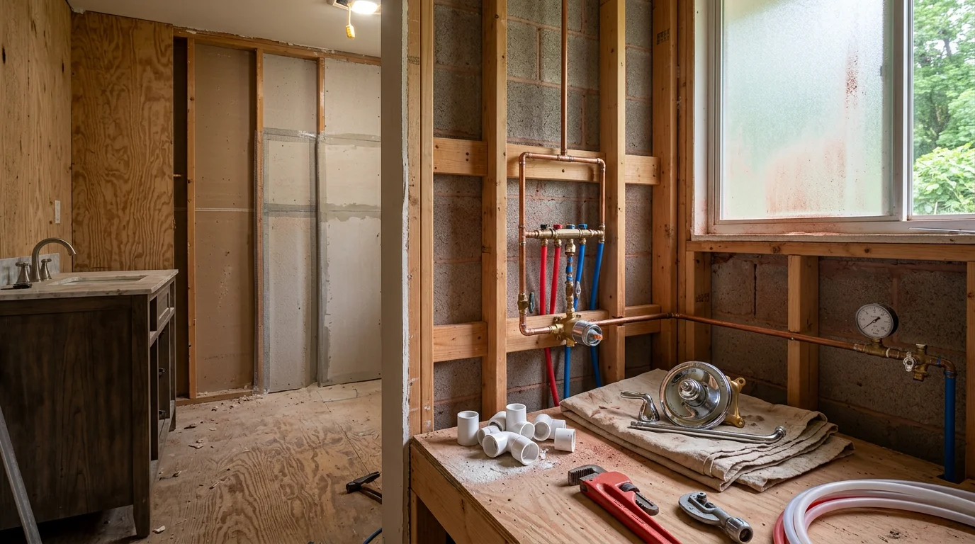 A newly installed shower in a Dalton, Georgia home bathroom, showing a clean showerhead, valve trim, and finished drain connection. The plumbing work is complete with no visible gaps or exposed fittings.