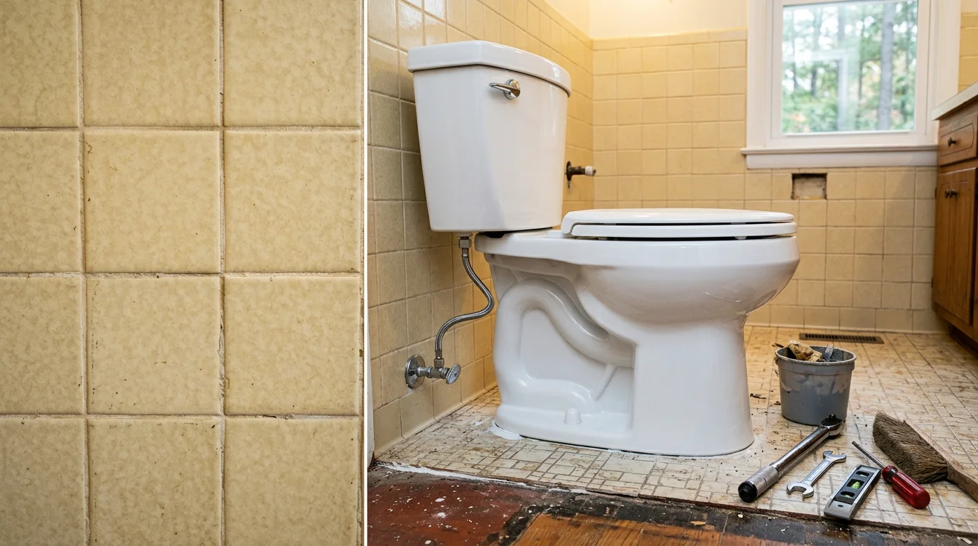 A plumber completing a toilet installation in a residential bathroom in Dalton, Georgia. The toilet is fully set on a clean tile floor with the supply line connected and the floor flange sealed.