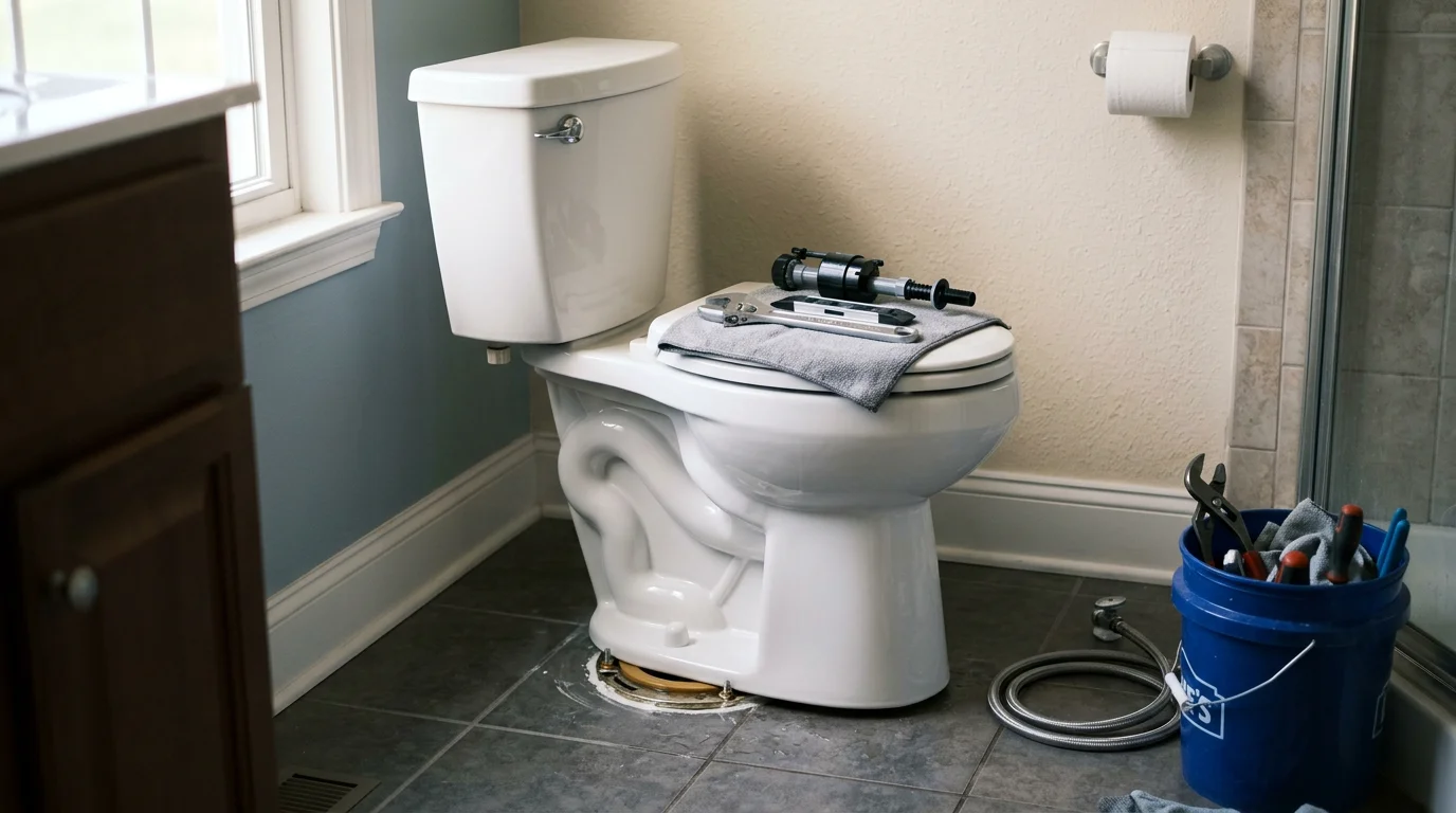 A plumber inspecting the base of a toilet in a residential bathroom in Dalton, Georgia, checking the wax ring seal and floor flange connection. The bathroom floor shows no visible water damage following a completed toilet repair service.