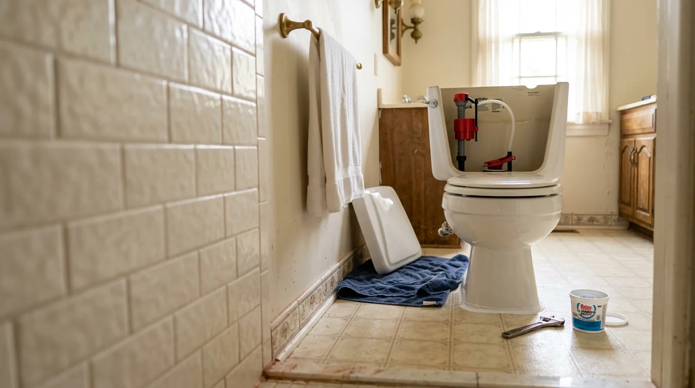 A plumber inspecting the base and tank of a residential toilet in a Dalton, Georgia bathroom. The image shows a hands-on repair in progress on a standard white toilet fixture.