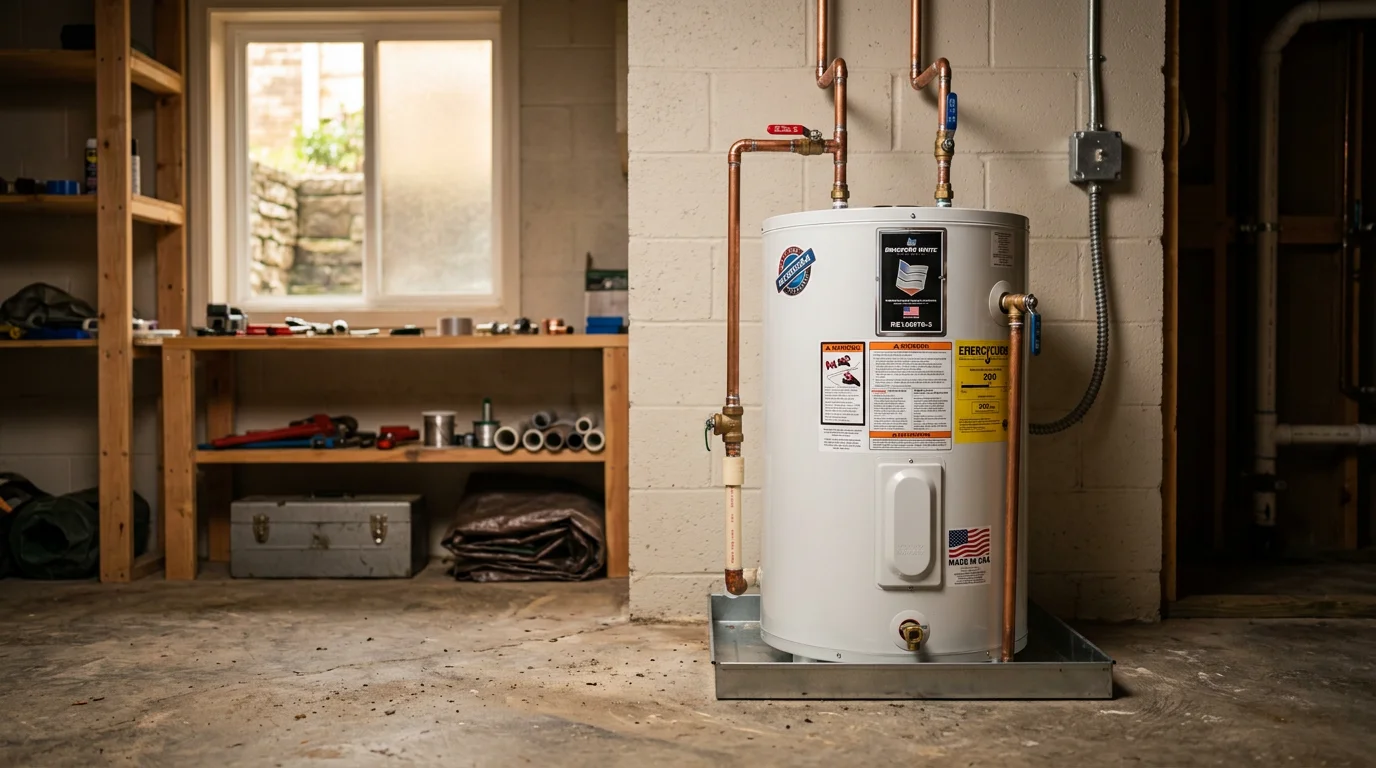 A plumber from KDR Plumbing and Electrical inspecting a residential tank water heater in a Dalton, Georgia home utility room. The technician is checking connections and the pressure relief valve on a standard gas water heater.