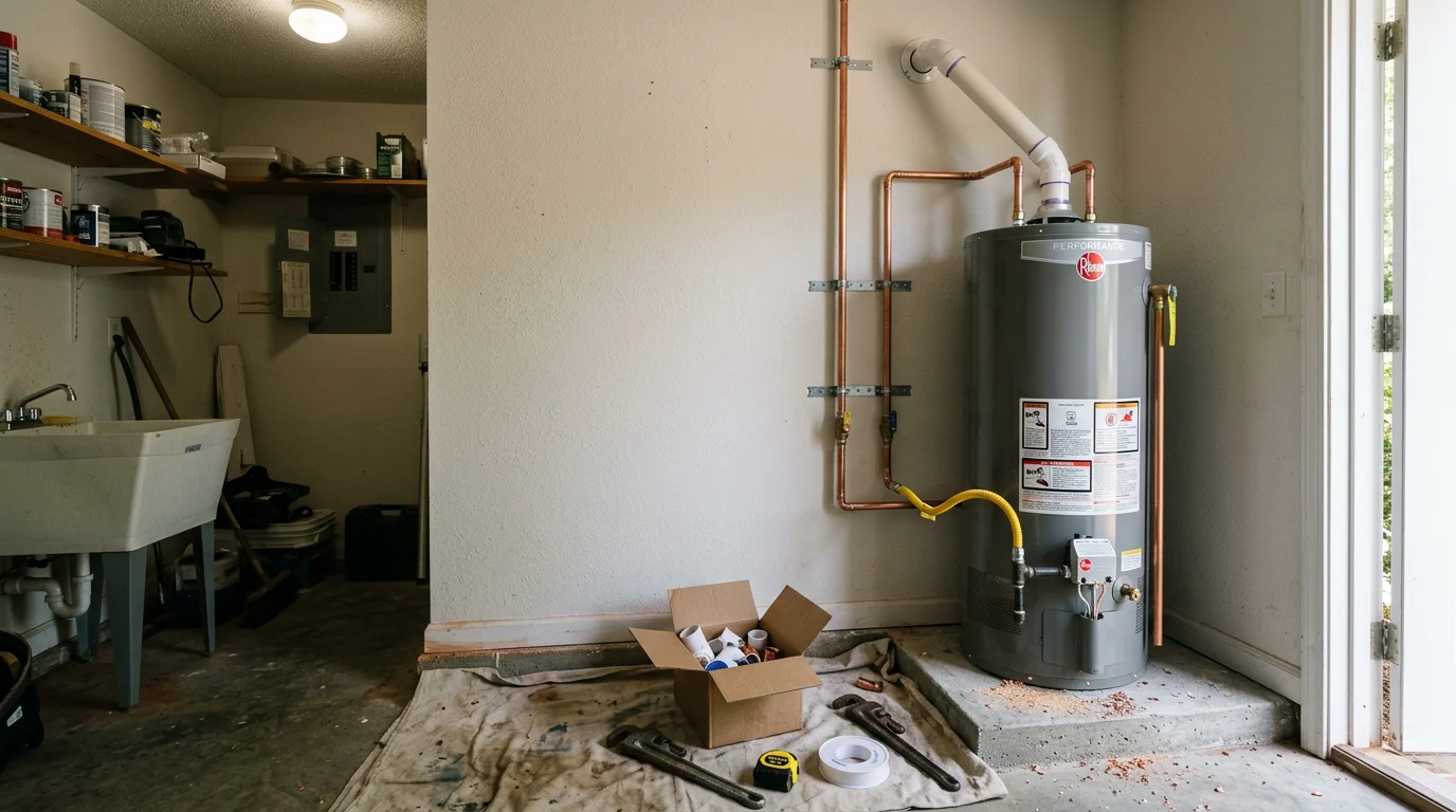 A newly installed tank water heater in a residential utility room in Dalton, Georgia, with clean copper connections and proper venting in place. A plumber from KDR Plumbing and Electrical checks the final connections before completing the job.