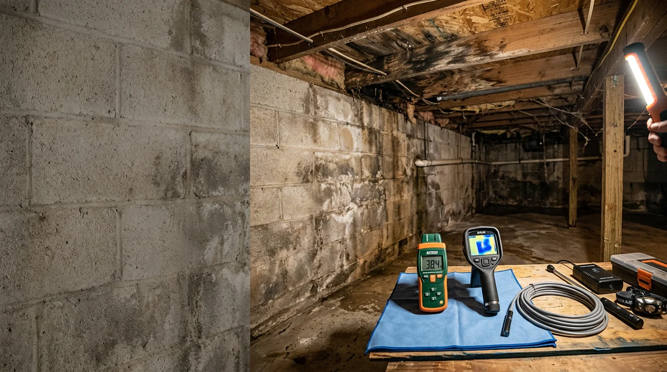A plumber inspecting a water-damaged wall cavity in a Dalton, Georgia home during a leak detection service call. Visible pipe joint and moisture staining on surrounding drywall.